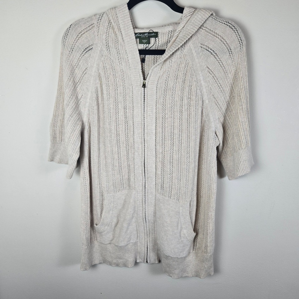 Vintage Y2k Eddie Bauer Hooded Cardigan Sweater Women's XL Beige Cottagecore